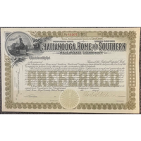 Thumbnail for Very Rare Antique 1890s Chattanooga Rome and Southern Railroad Co. Stock Certificate