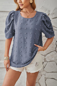 Thumbnail for Swiss Dot Round Neck Short Sleeve Blouse - T - 5 COLORS -