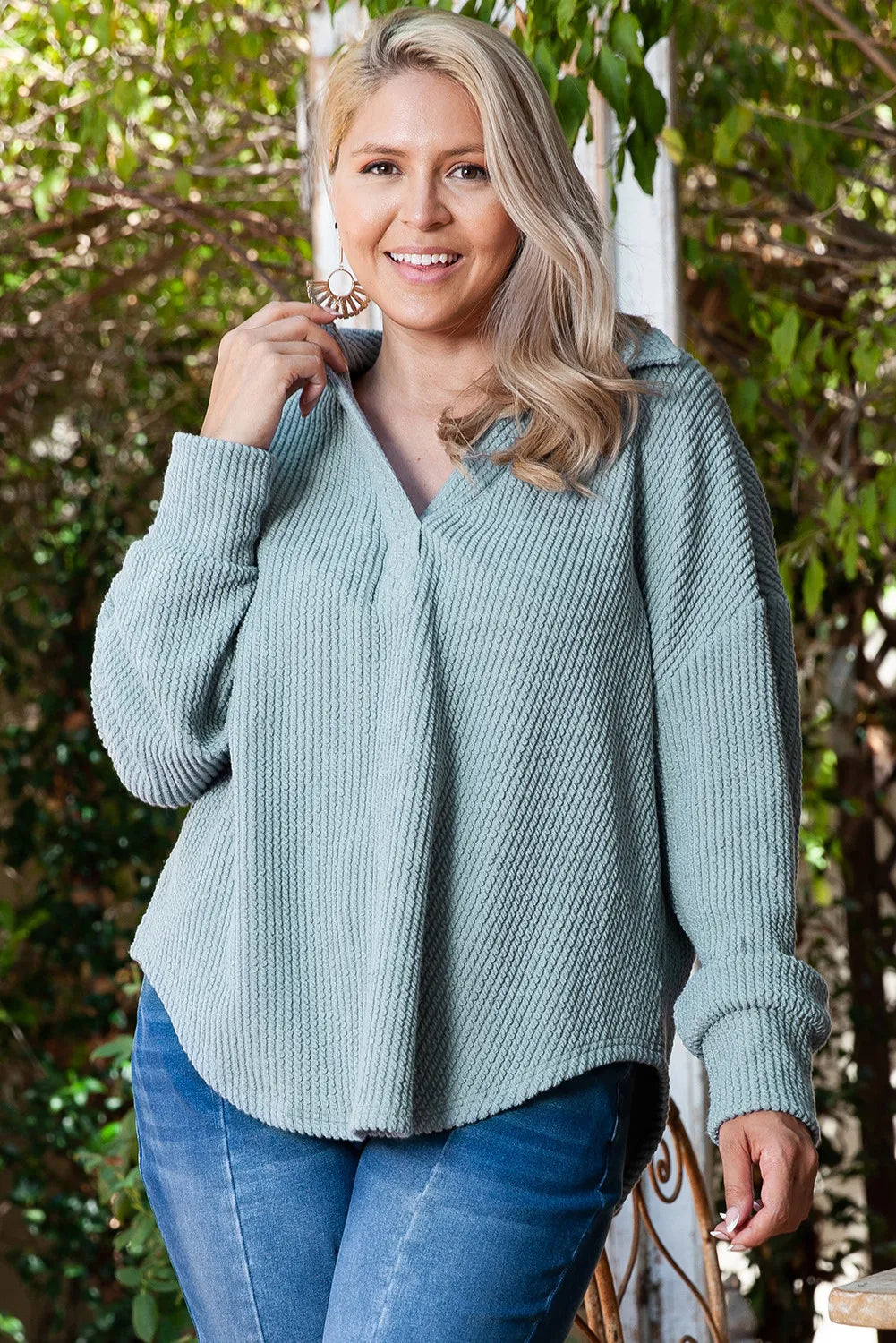 Plus Size Textured Johnny Collar Long Sleeve Sweatshirt - SIZES XL THRU 3XL - T - 1 COLOR -