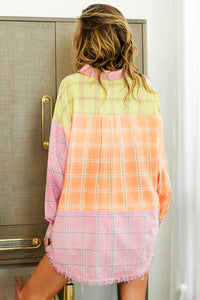 Thumbnail for BiBi Plaid Color Block Raw Hem Shirt