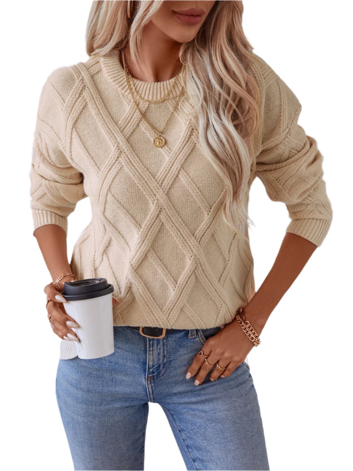 Geometric Round Neck Long Sleeve Sweater - T - 2 COLORS -