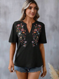 Thumbnail for Embroidered Notched Short Sleeve T-Shirt - T - 5 COLORS -