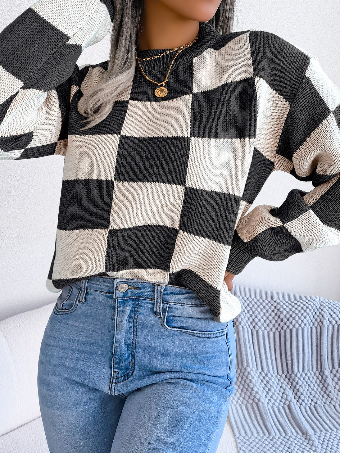 Checkered Mock Neck Long Sleeve Sweater - T - 4 COLORS -