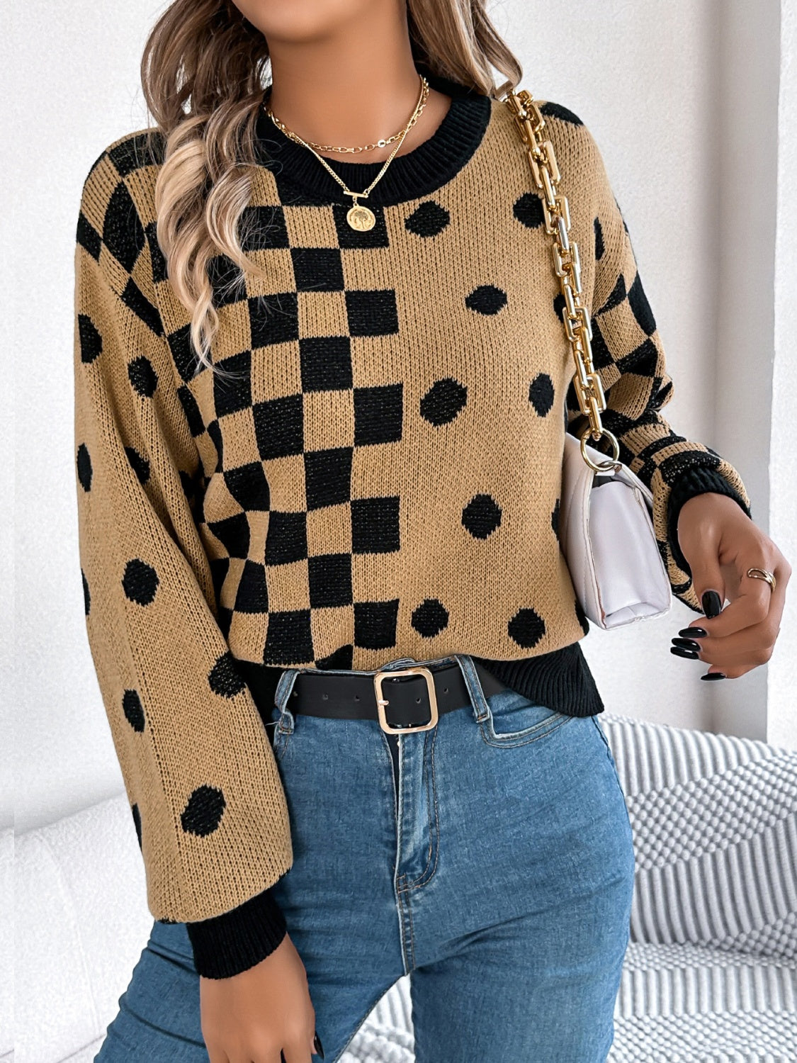 Plaid Round Neck Long Sleeve Sweater - T - 3 COLORS -