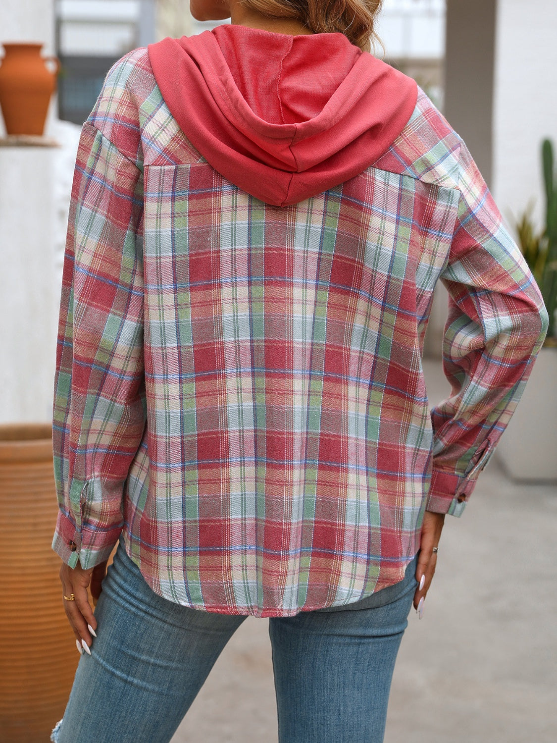 Plaid Long Sleeve Lightweight Hooded Jacket - T - 5 COLORS -