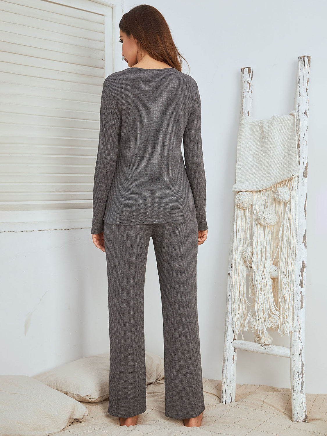 Notched Long Sleeve Top and Pants Set - 2 PCS. - T - 3 COLORS -