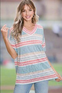 Thumbnail for BOMBOM V-Neck Striped Knit Top - T - 1 COLOR -