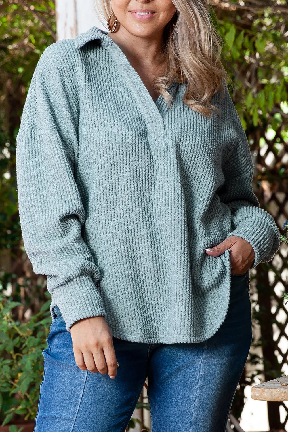 Plus Size Textured Johnny Collar Long Sleeve Sweatshirt - SIZES XL THRU 3XL - T - 1 COLOR -