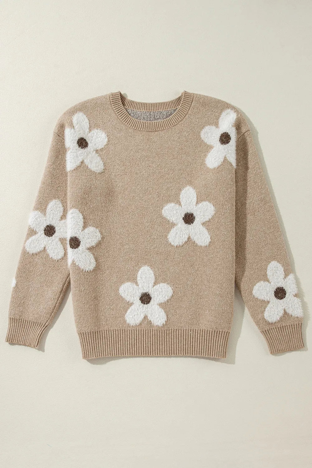 Flower Round Neck Long Sleeve Sweater - T - 1 COLOR -