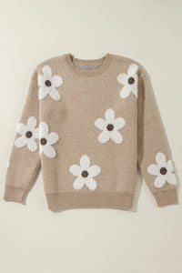 Thumbnail for Flower Round Neck Long Sleeve Sweater - T - 1 COLOR -