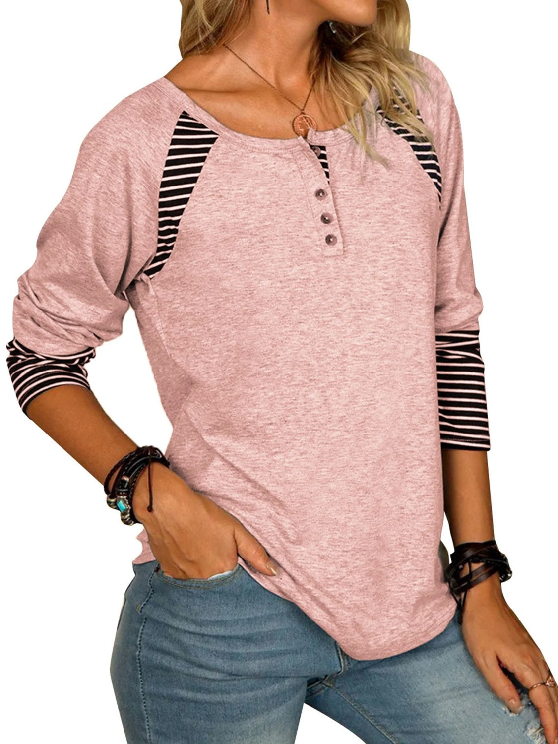 Full Size Striped Quarter Button Long Sleeve T-Shirt - T - 6 COLORS -