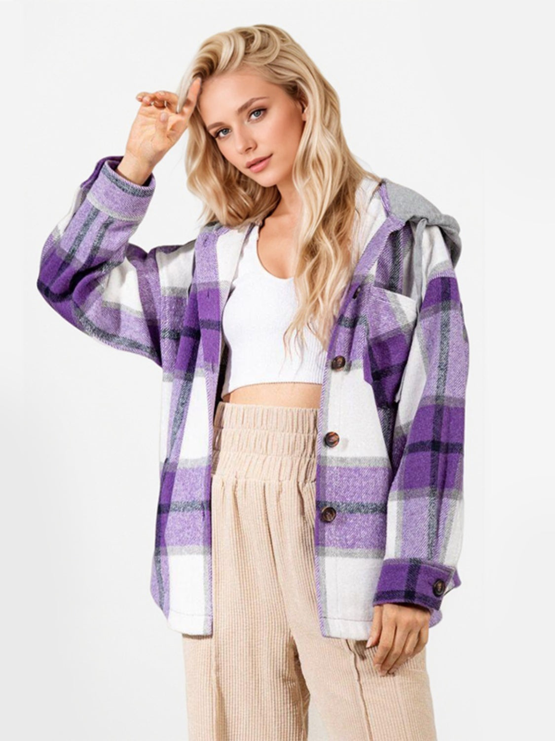 Drawstring Plaid Button Up Long Sleeve Hooded Jacket - T - 2 COLORS -