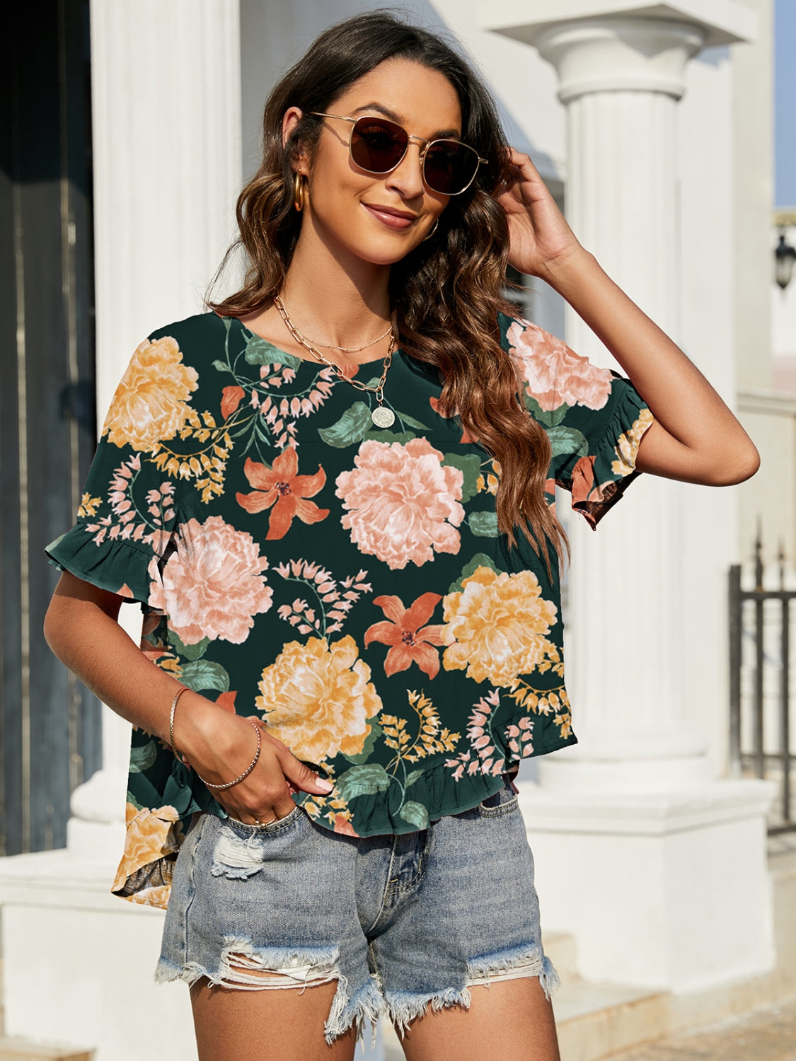 Double Take Floral Ruffled Short Sleeve Blouse - T - 1 COLOR -