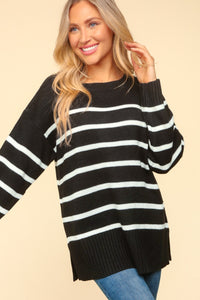 Thumbnail for Haptics Full Size Striped Contrast Side Slit Sweater - T - 1 COLOR -