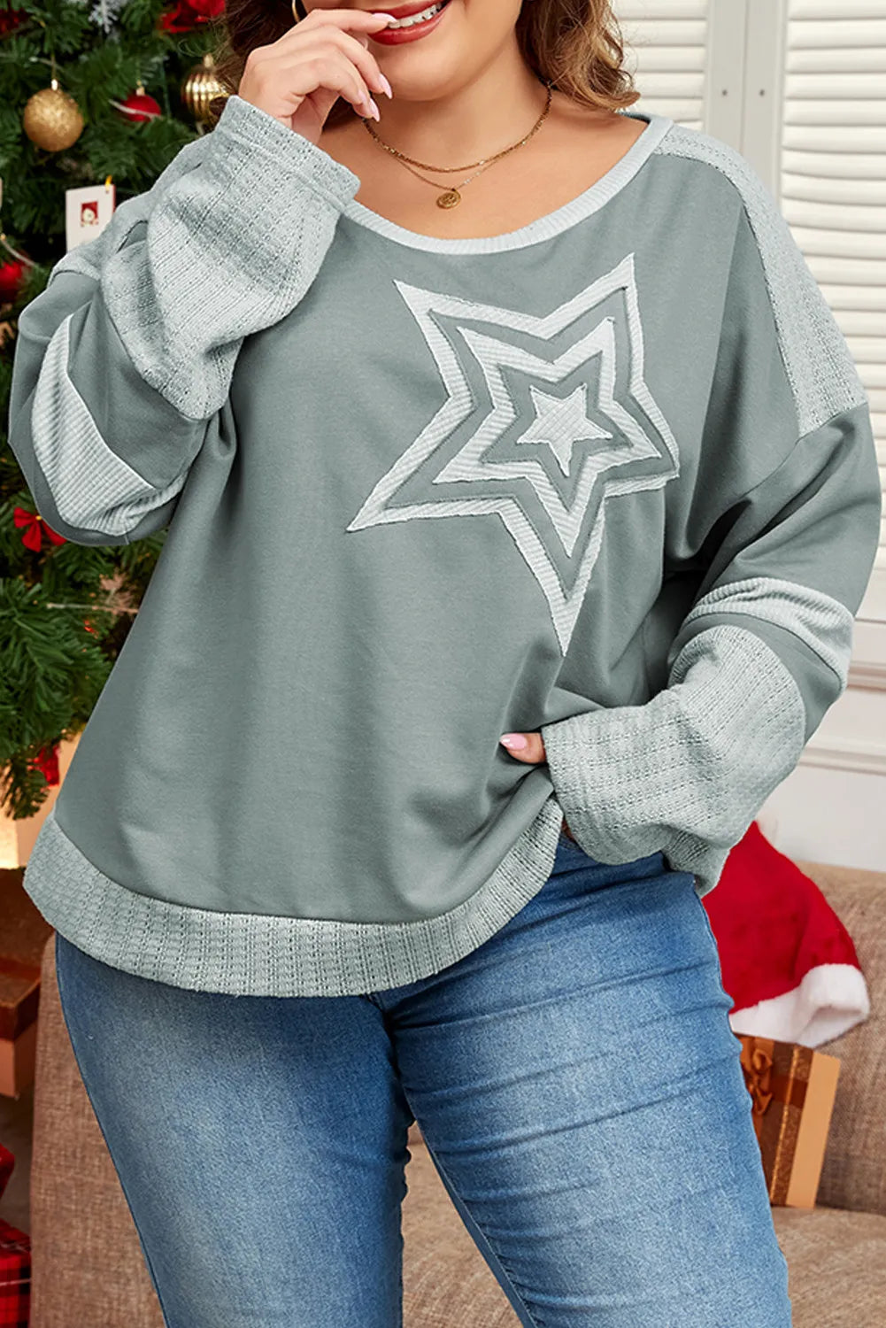 Plus Size Star Round Neck Long Sleeve Top - SIZES 1XL THRU 3XL ONLY - 1 COLOR -