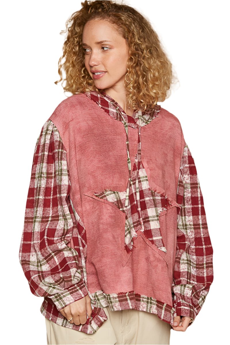 POL Star Patch Plaid Long Sleeve Hooded Top - T - 1 COLOR -