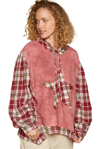 Thumbnail for POL Star Patch Plaid Long Sleeve Hooded Top - T - 1 COLOR -