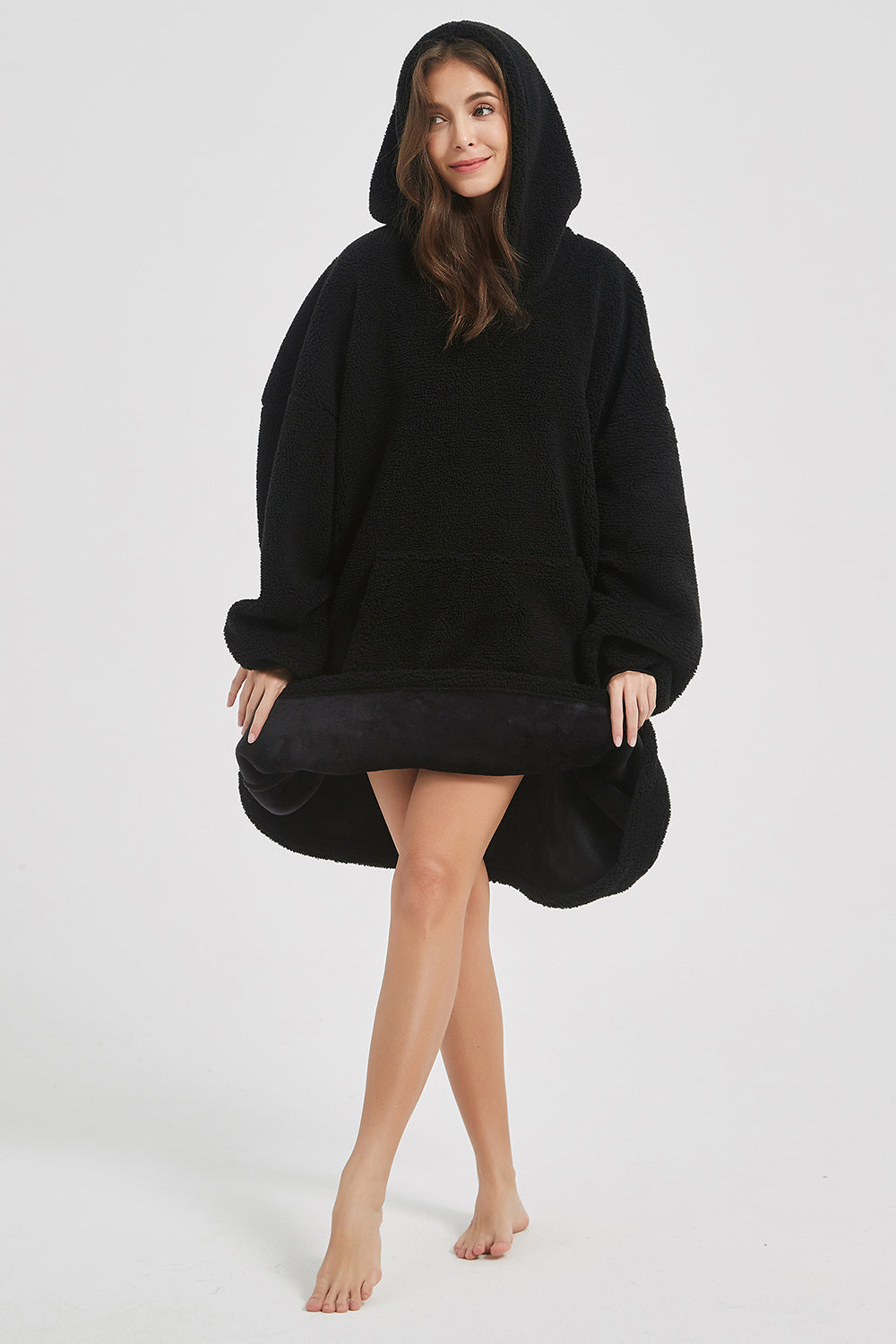 Lantern Sleeve Oversized Hooded Fuzzy Lounge Dress - 1 LARGE OVERSIZE - T - 2 COLORS -