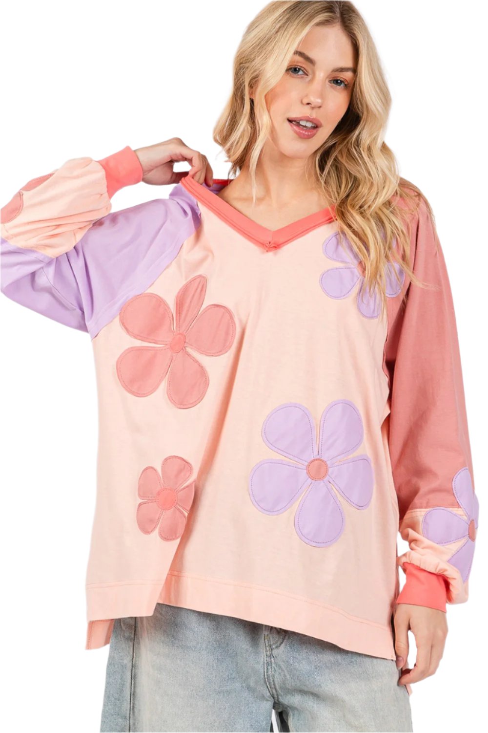 SAGE + FIG Full Size Daisy Applique Patch Color Block Long Sleeve Top - T - 1 COLOR -