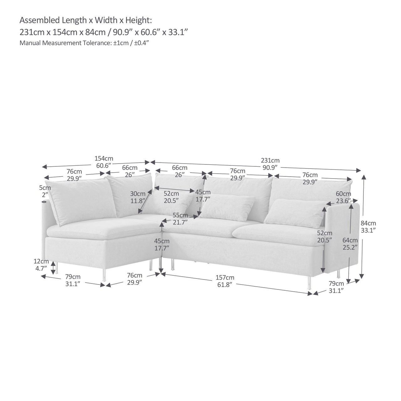 Modular L-Shaped Corner Sofa, Movable Chaise Facing Left/Right, Beige Cotton-Linen -90.9 Inches