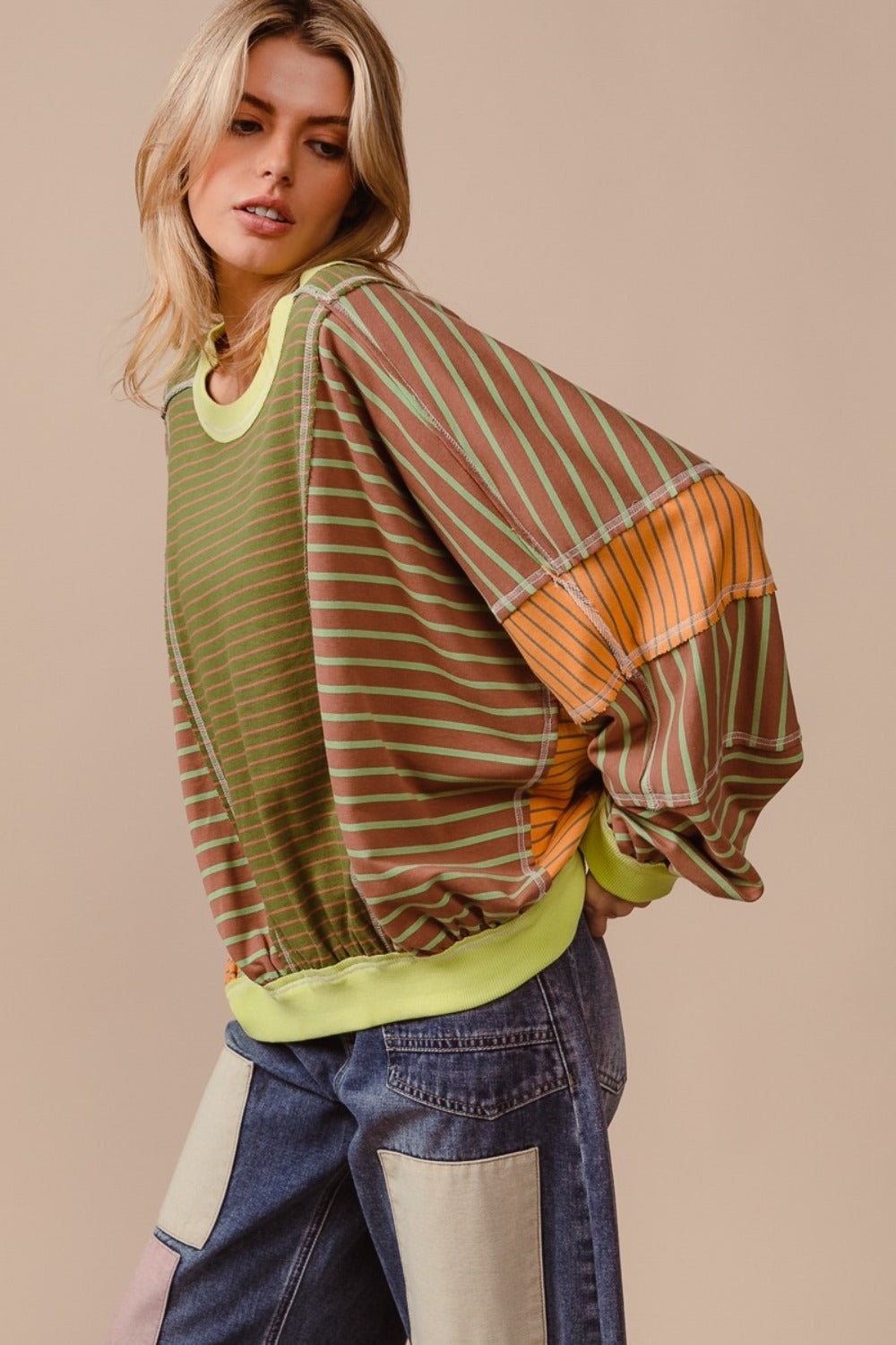 BiBi Color Block Striped Round Neck Sweatshirt - T - 1 COLOR -