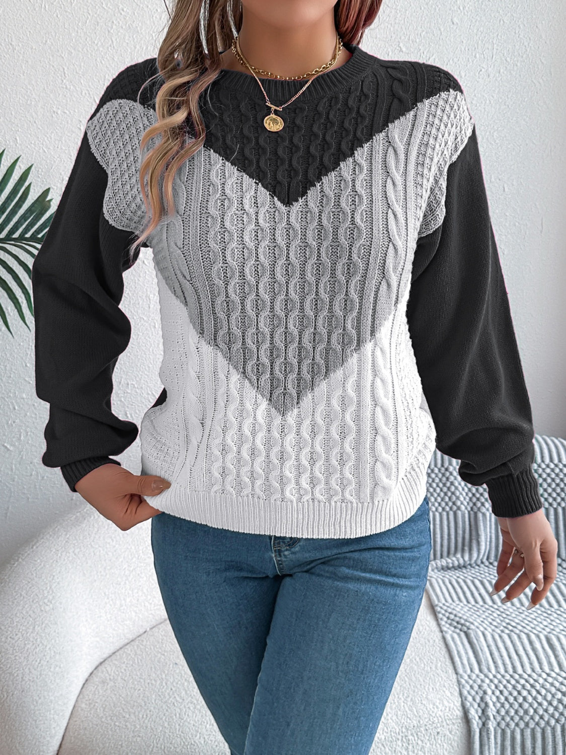 Contrast Round Neck Long Sleeve Sweater - T - 3 COLORS -