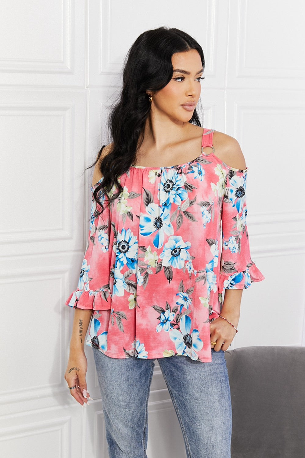 Sew In Love Full Size Fresh Take  Floral Cold-Shoulder Top - SIZES S THRU 3XL - T - 1 COLOR -