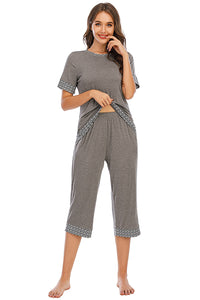 Thumbnail for Round Neck Short Sleeve Top and Capris Pants Lounge Set - 2 PCS. - T - 3 COLORS -