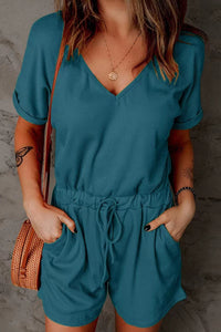 Thumbnail for Full Size Drawstring V-Neck Short Sleeve Romper - T - 7 COLORS -