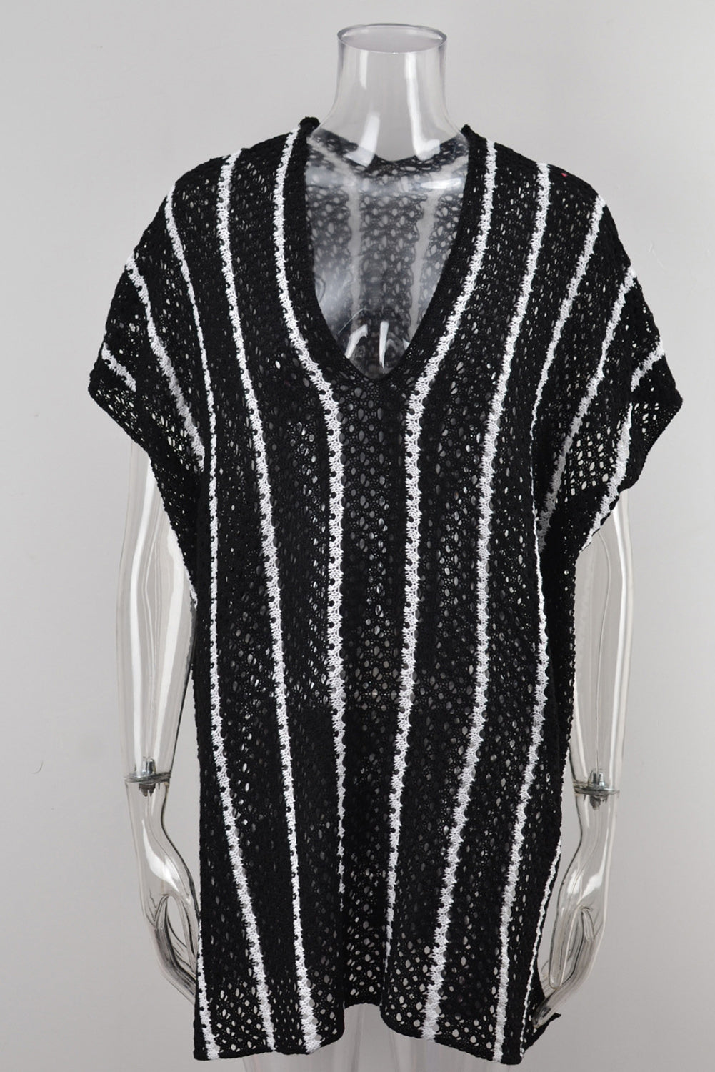 Slit Openwork Striped V-Neck Cover-Up - ONE SIZE FITS ALL - T - 1 COLOR -