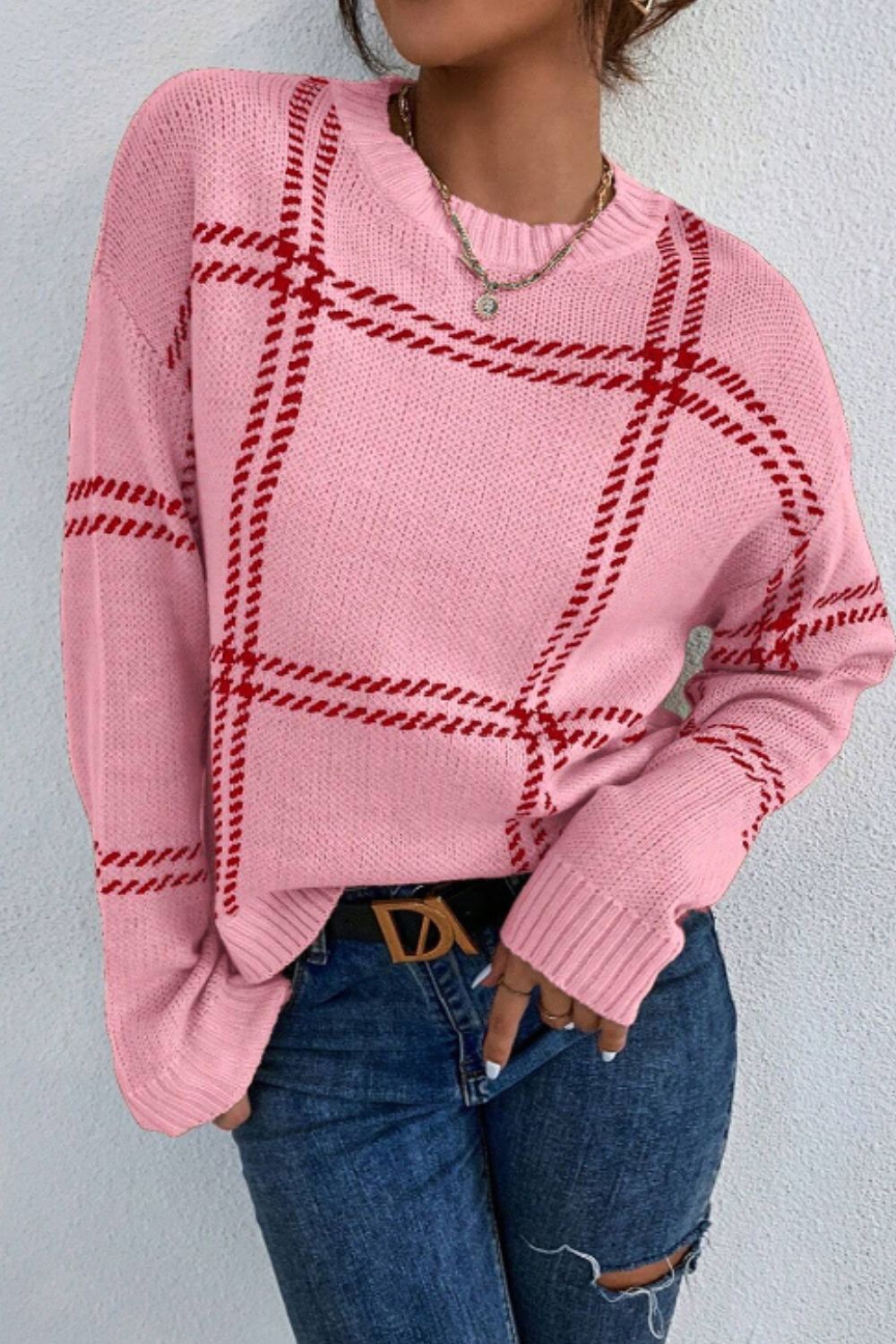 Contrast Round Neck Long Sleeve Sweater - T - 1 COLOR -