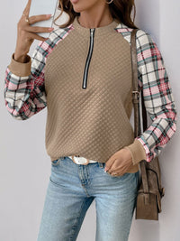 Thumbnail for Perfee Plaid Half Zip Long Sleeve Texture Sweatshirt - T - 1 COLOR -