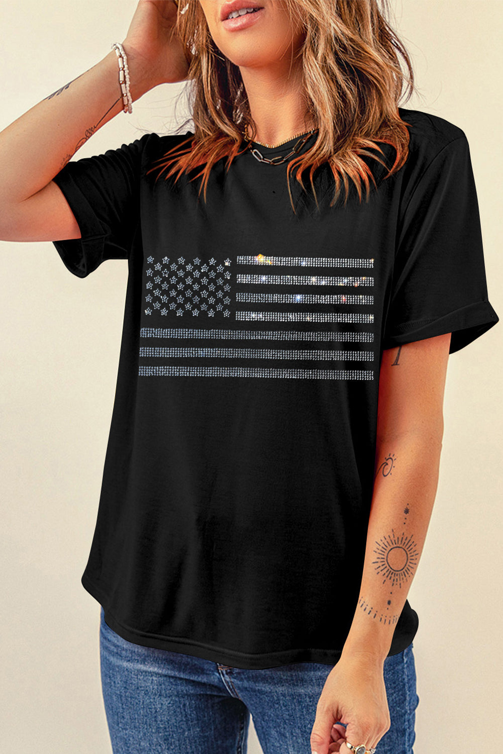 Rhinestone print US Flag Round Neck Short Sleeve T-Shirt - T - 1 COLOR -