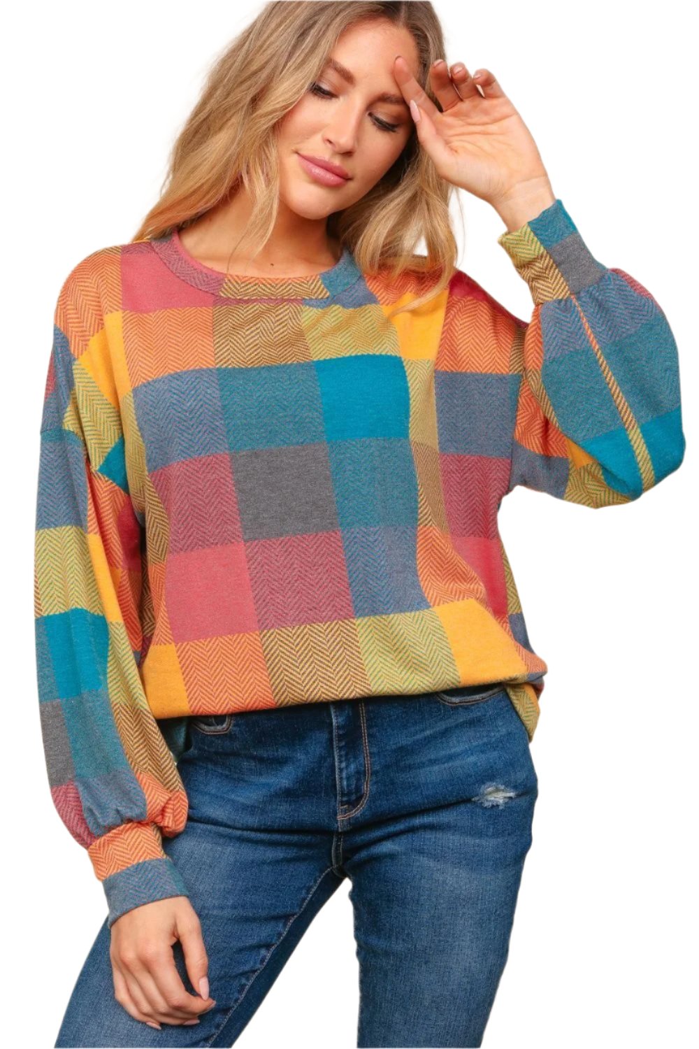 Haptics Round Neck Color Block Plaid Top - 3 SIZES - T - 1 MULTI COLOR -