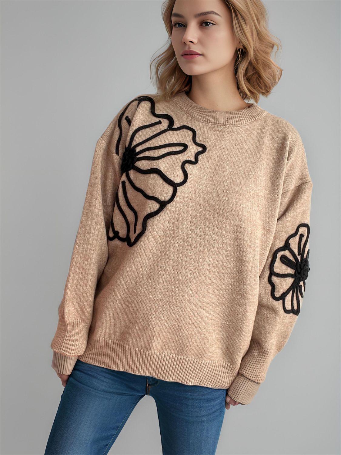 Flower Round Neck Long Sleeve Sweater - T - 4 COLORS -