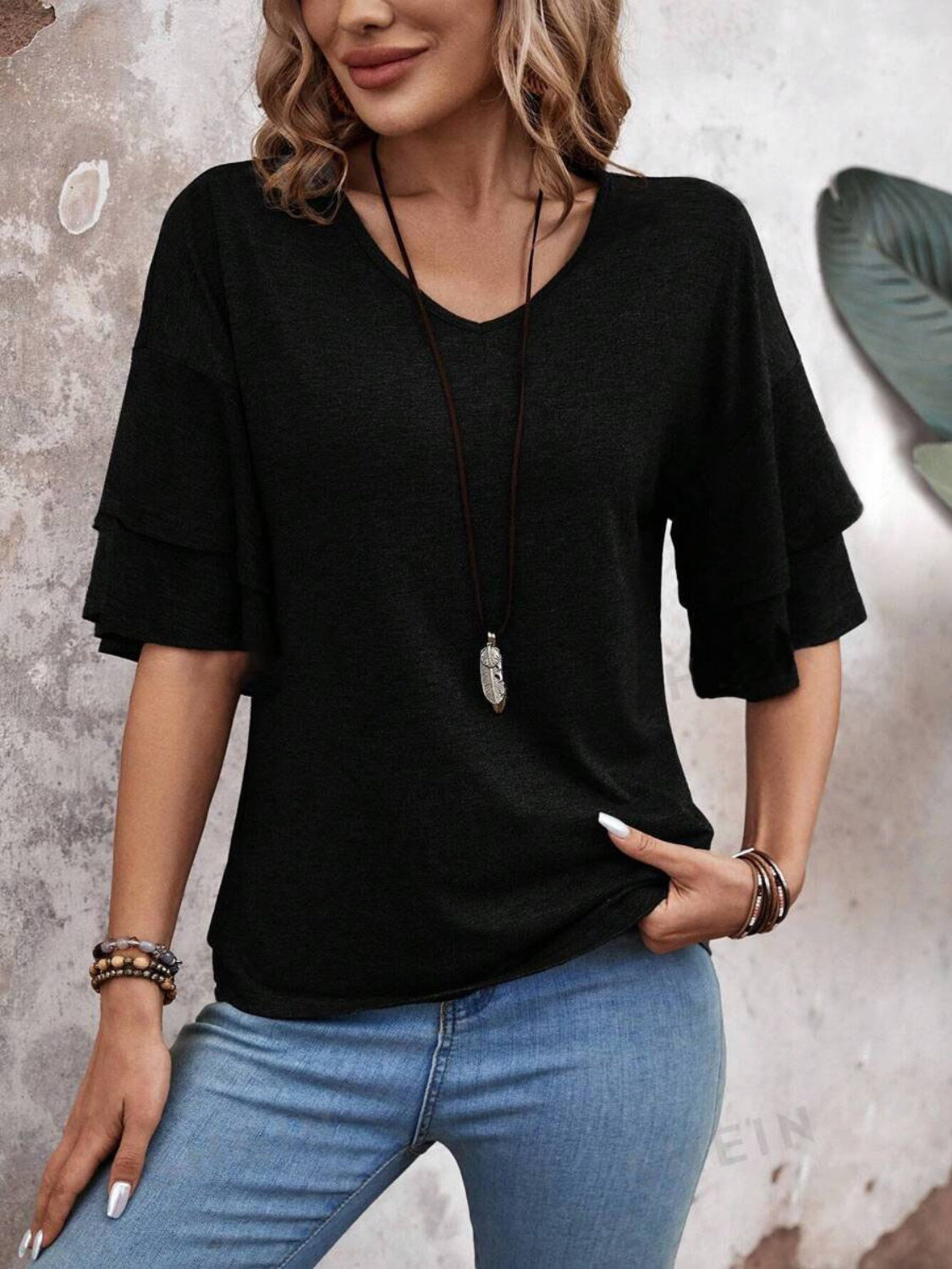 V-Neck Half Sleeve Blouse - T - 5 COLORS -