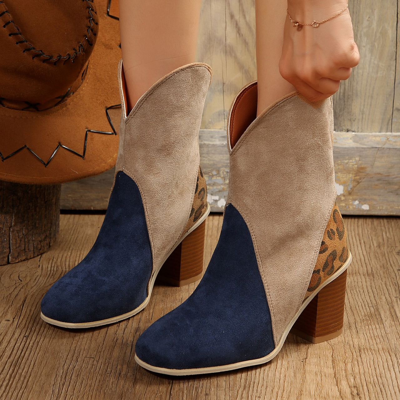 Suede Square Toe Block Heel Boots - T - 4 COLORS -