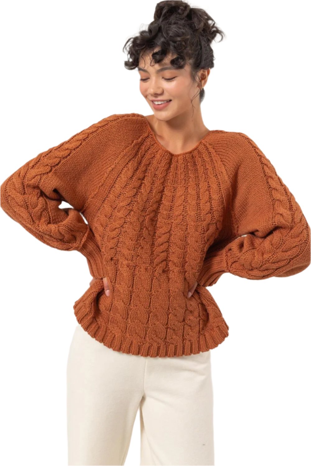 HYFVE Cable-Knit Round Neck Raglan Sleeve Sweater - T - 1 COLOR -