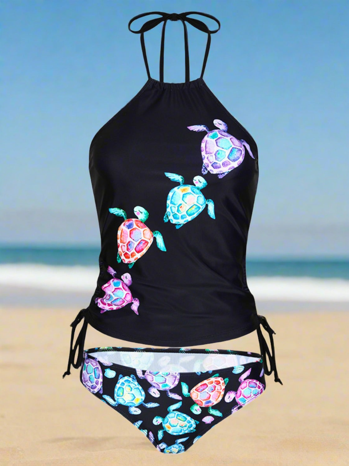 Tortoise Printed Halter Neck Two-Piece Swim Set - T - 1 COLOR -