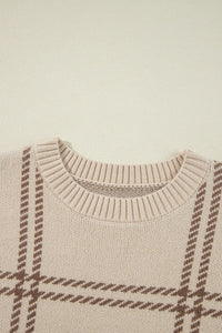 Thumbnail for Plaid Round Neck Dropped Shoulder Sweater - T - 1 COLOR -