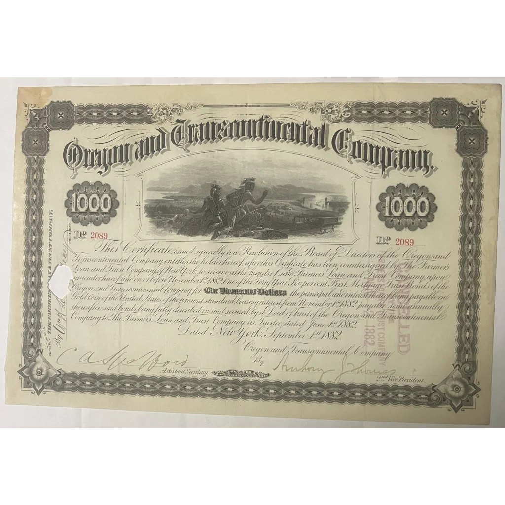 Antique 1882 Oregon Transcontinental Railroad - Rare 1000 Gold Bond Certificate