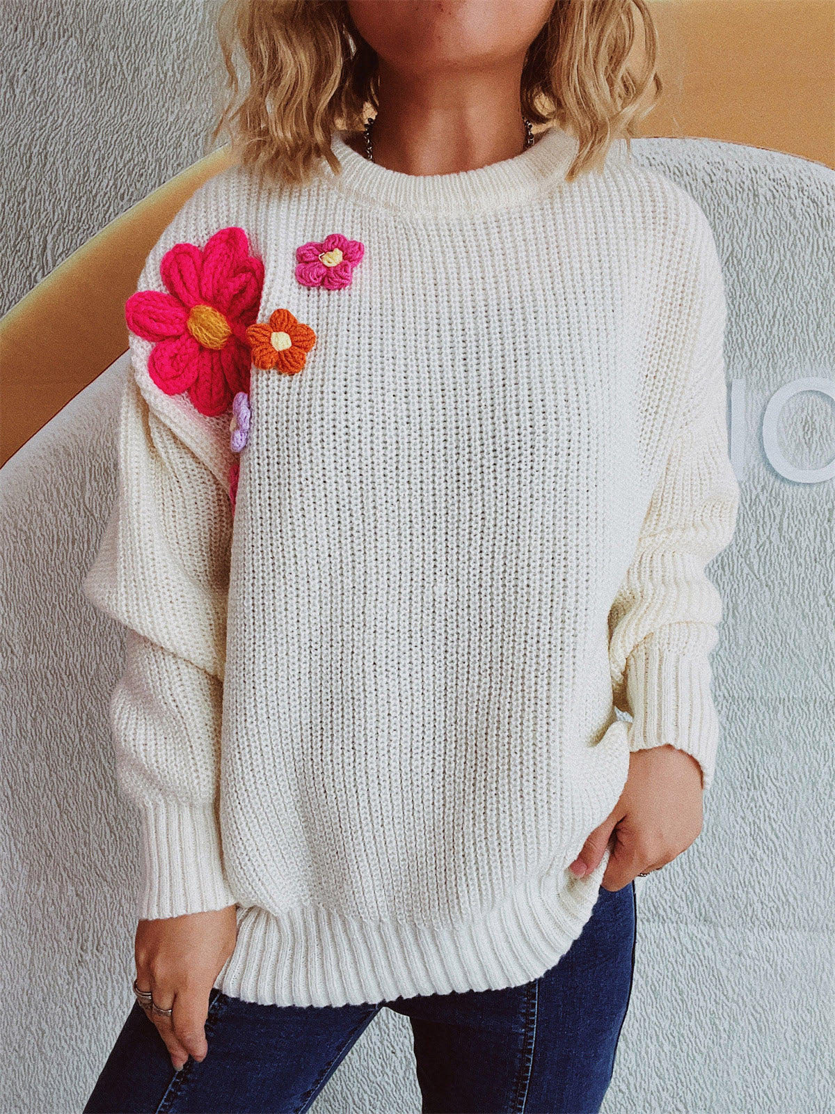 Crochet Flower Round Neck Dropped Shoulder Sweater - 1 OVERSIZE - T - 3 COLORS -