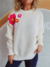 Thumbnail for Crochet Flower Round Neck Dropped Shoulder Sweater - 1 OVERSIZE - T - 3 COLORS -