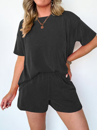 Thumbnail for Textured Round Neck Short Sleeve Top and Shorts Set - 2 PCS. - T - 4 COLORS -