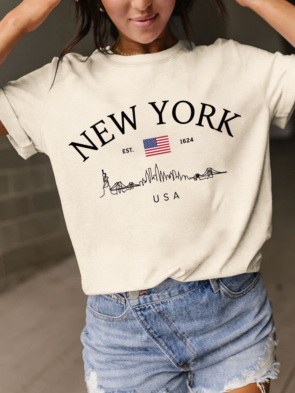 New York Skyline Letter Graphic Round Neck Short Sleeve T-Shirt - 10 COLORS -