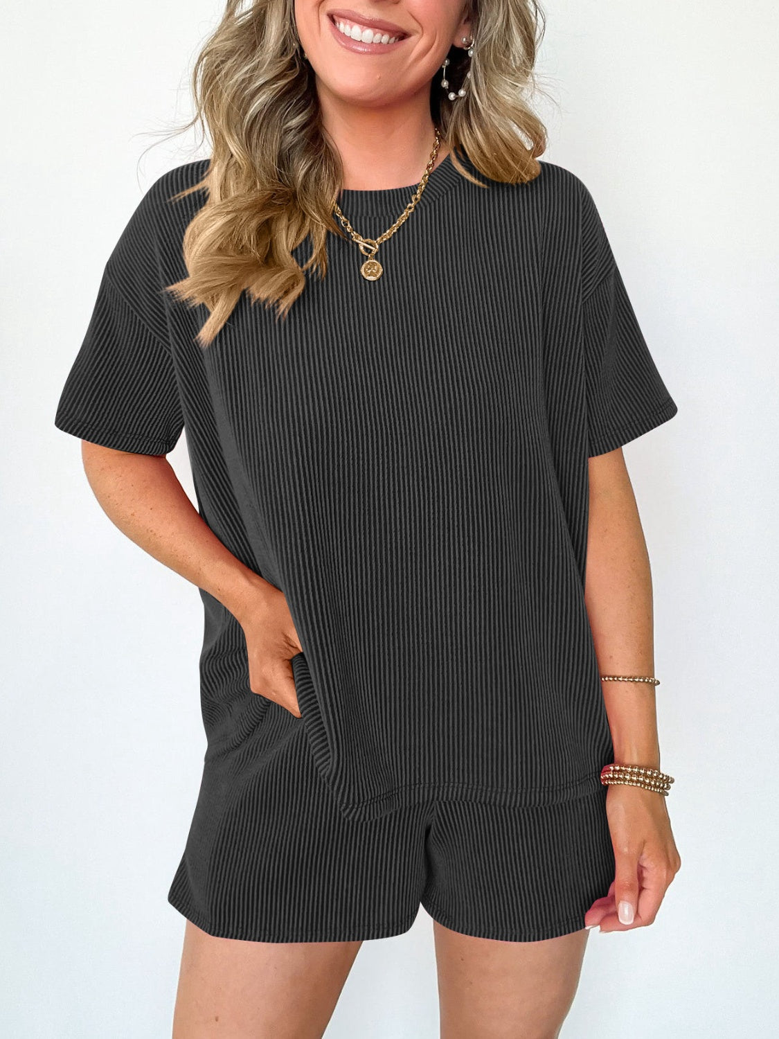 Textured Round Neck Short Sleeve Top and Shorts Set - 2 PCS. - T - 4 COLORS -