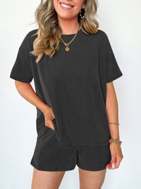 Thumbnail for Textured Round Neck Short Sleeve Top and Shorts Set - 2 PCS. - T - 4 COLORS -