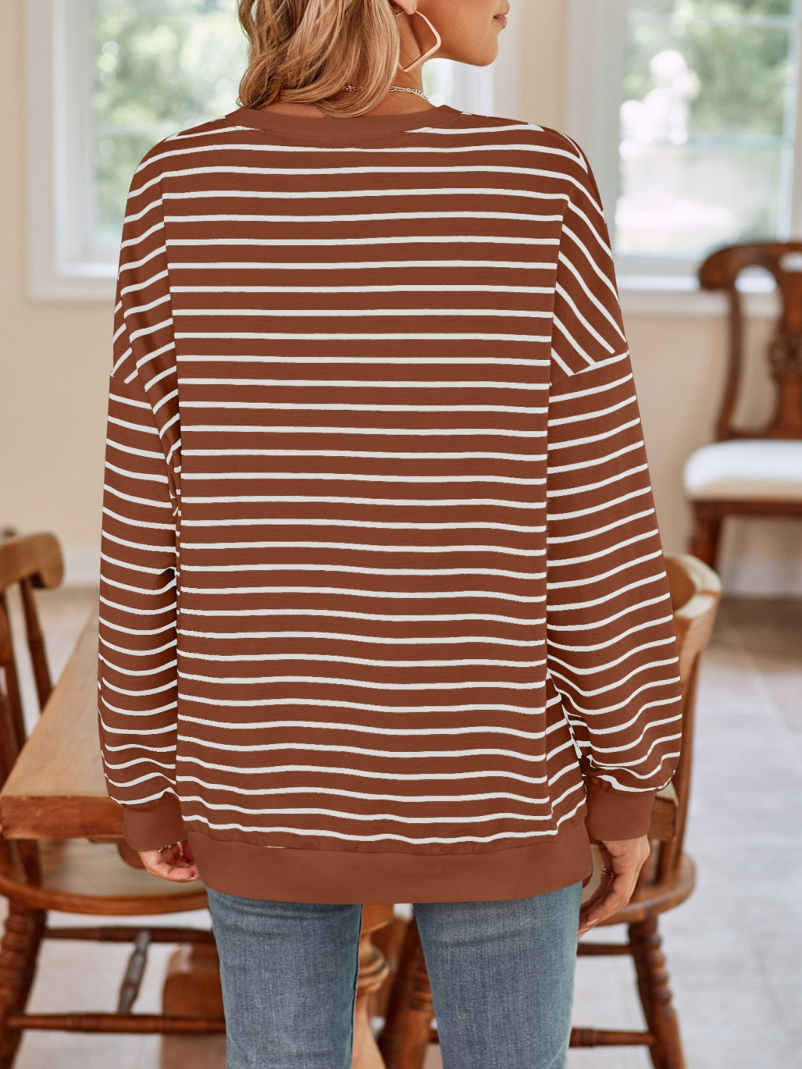 Striped Round Neck Long Sleeve Sweatshirt - T - 6 COLORS -