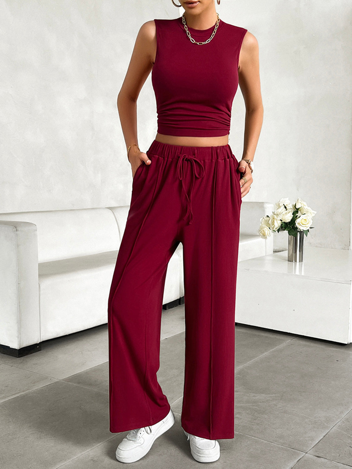 Mock Neck Sleeveless Top and Drawstring Pants Set - 2 PCS. - T - 5 COLORS -