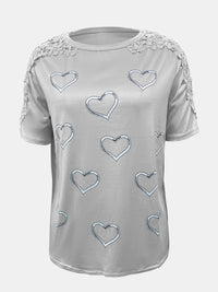 Thumbnail for Full Size Lace Detail Heart Round Neck Short Sleeve Top - T - 5 COLORS -